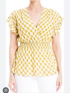 💛New Yellow Gingham Smocked Waist Flutter Sleeve Women's Top